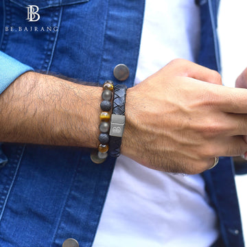 Bracelet Combo: Flat Broad Weave Black Leather Bracelet & Beaded Link Bracelets in Gemstone Beads