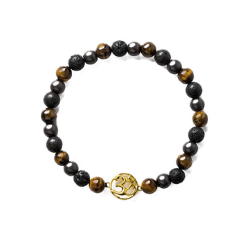 OM Beaded Bracelet in  Tiger eye and Lava Gemstone Beads
