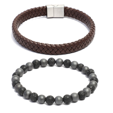 Bracelet Combo: Flat Brown Leather Bracelet & Beaded Link Bracelets in Hematite, Volcanic Lava Gemstone Beads