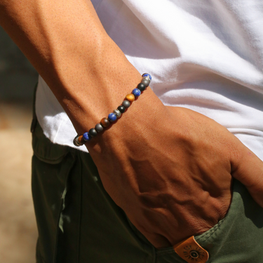 Chevron Stopper Bracelet in Tiger Eye, Hematite, Onyx and lapis Gemstone Beads