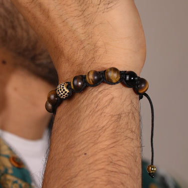 The Urban Pod Macrame Bracelet in Yellow Tiger Eye, Black Onyx Gemstones