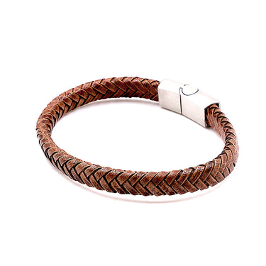 Tan Brown Flat Leather Bracelet With Brushed Stainless Steel Lock