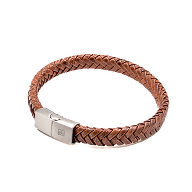 Tan Brown Flat Leather Bracelet With Brushed Stainless Steel Lock