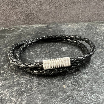 4mm Twisted Rope Genuine Black Leather Bracelet.