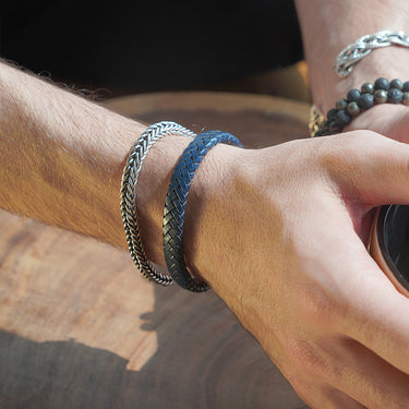 Navy Blue Flat Leather Bracelet With Brushed Stainless Steel Lock