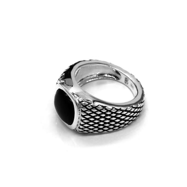 Chequered Signet Ring with Black Onyx Gemstone, in 925 Sterling Silver