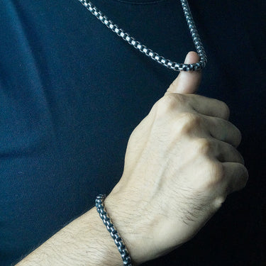 Thick Box Chain & Bracelet combo in Oxidized finish