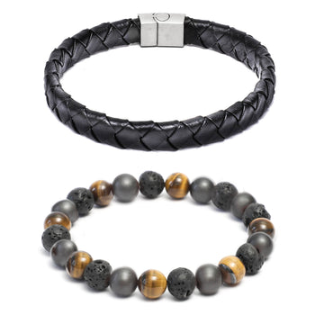 Bracelet Combo: Flat Broad Weave Black Leather Bracelet & Beaded Link Bracelets in Gemstone Beads