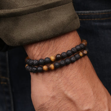 Two Layer Wrap Bracelet in Yellow Tiger Eye, Lava Gemstone Beads