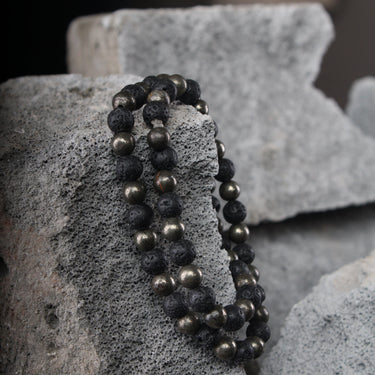 Two Layer Wrap Bracelet in pyrites beads & Lava Gemstone Beads