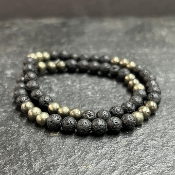 Two Layer Wrap Bracelet in pyrites beads & Lava Gemstone Beads