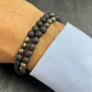 Two Layer Wrap Bracelet in pyrites beads & Lava Gemstone Beads