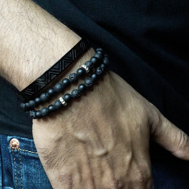 Two Layer Wrap Bracelet in Onyx Gemstone Beads with Pyramid Stoppers.