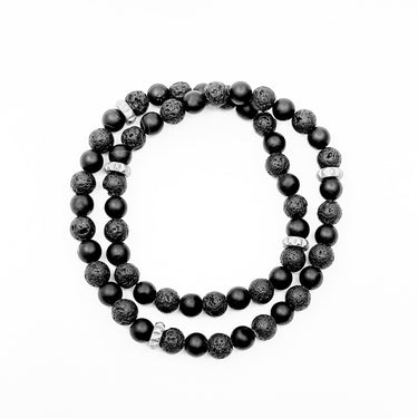 Two Layer Wrap Bracelet in Onyx Gemstone Beads with Pyramid Stoppers.