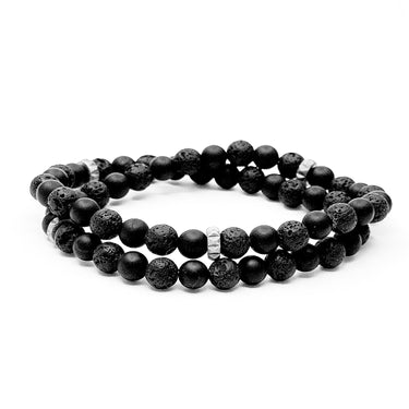 Two Layer Wrap Bracelet in Onyx Gemstone Beads with Pyramid Stoppers.