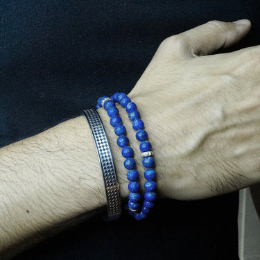 Two Layer Wrap Bracelet in Lapiz Lazuli Gemstone Beads with Pyramid Stoppers.
