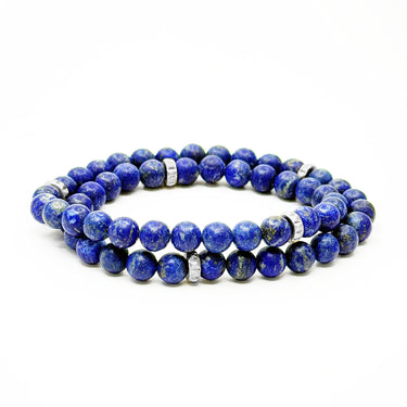 Two Layer Wrap Bracelet in Lapiz Lazuli Gemstone Beads with Pyramid Stoppers.