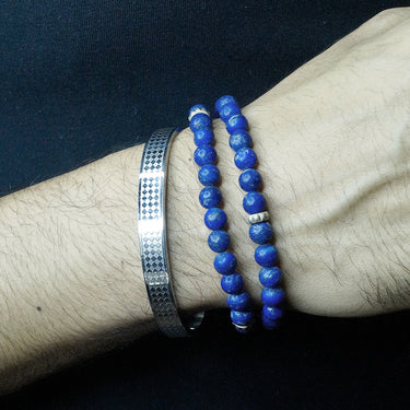 Two Layer Wrap Bracelet in Lapiz Lazuli Gemstone Beads with Pyramid Stoppers.