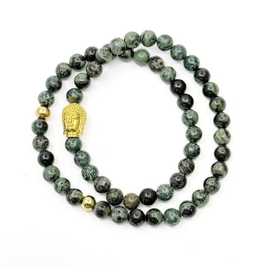 Buddha Double Wrap Bracelet in Green jasper Gemstone Beads