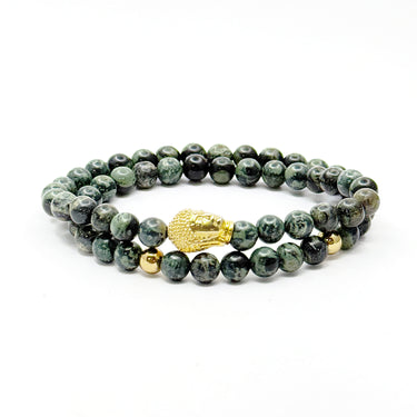 Buddha Double Wrap Bracelet in Green jasper Gemstone Beads