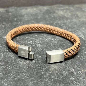 Tan Brown Flat Leather Bracelet With Brushed Stainless Steel Lock