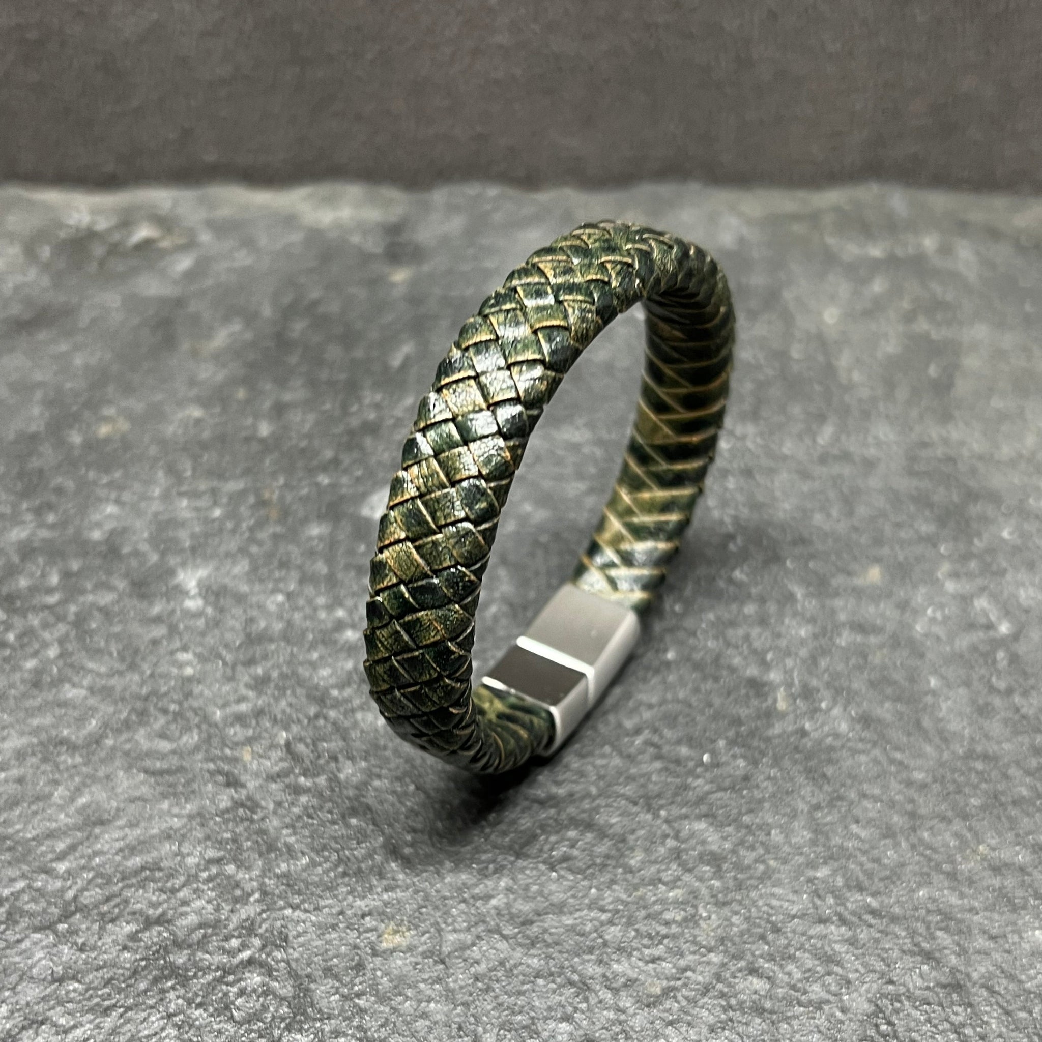 Flat Braided Genuine Green Leather Bracelet