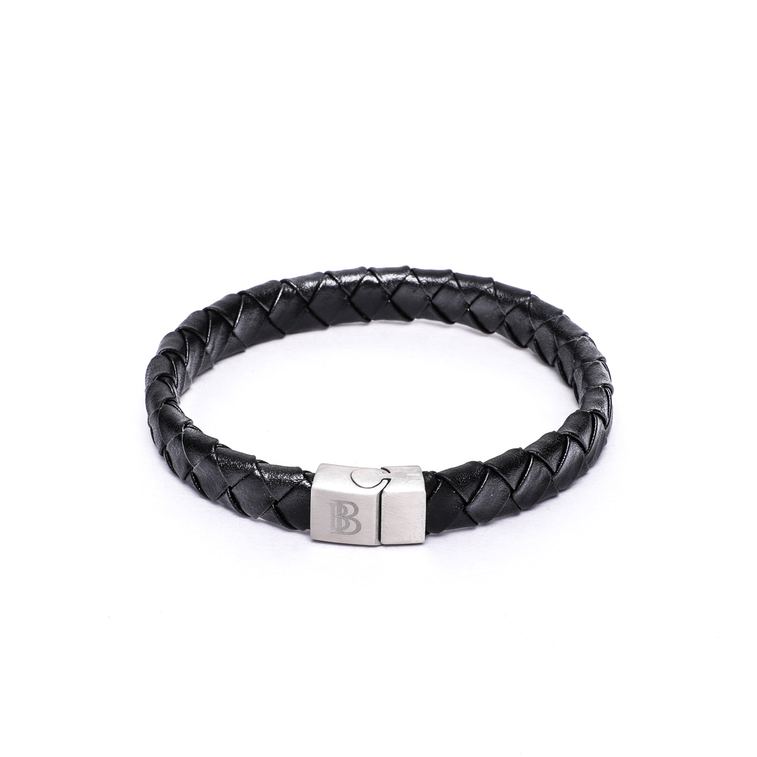 12x6mm Broad Weave Black Flat Leather Bracelet with Magnetic Clasp