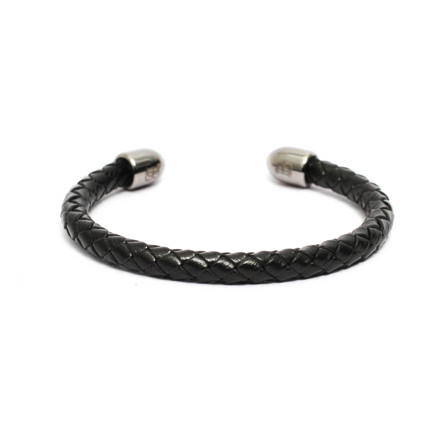 6mm Black Round Braided Leather Cuff Bracelet