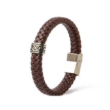 Mens Brown Leather Bracelet with Tribal Art Motif
