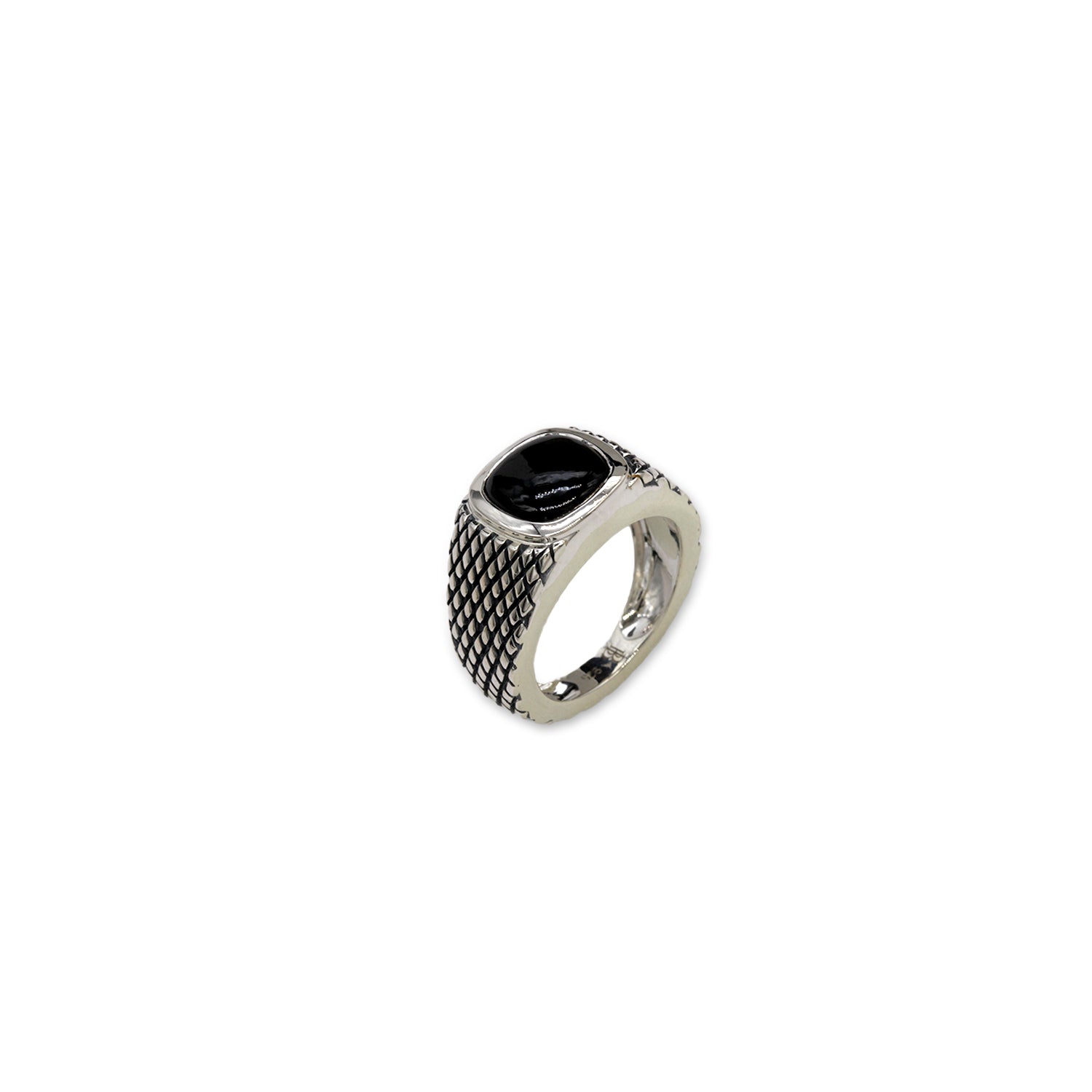 Chequered Signet Ring with Black Onyx Gemstone, in 925 Sterling Silver