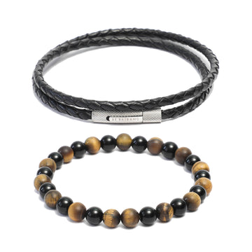 Bracelet Combo: Black Leather Wrap Bracelet & Beaded Link Bracelets in Onyx, Tiger Eye Gemstone Beads