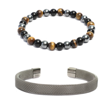 Bracelet Combo: Beaded Link Bracelets in Hematite, Onyx  Tiger Eye Gemstone Beads & Steel Mesh Cuff Bracelet