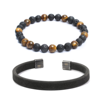 Bracelet Combo s in Lava, Tiger Eye Gemstone Beads & Steel Mesh Cuff Bracelet