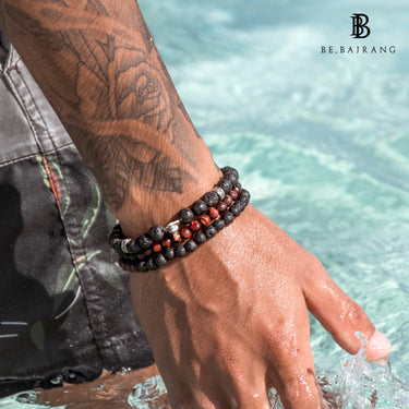 Two Layer Wrap Bracelet in Red Tiger Eye & Lava Gemstone Beads