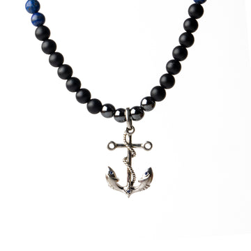 Nautical Pendant In CZ Diamond with Onyx Lapis lazuli and Hematite Gemstone beads