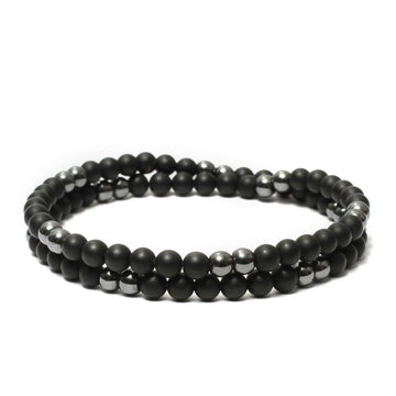 Two Layer Wrap Bracelet in Black Onyx, Hematite Gemstone Beads