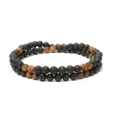 Two Layer Wrap Bracelet in Yellow Tiger Eye, Lava Gemstone Beads